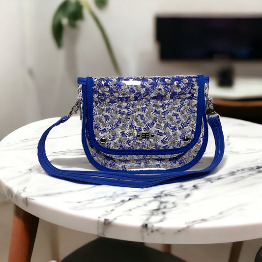 Clear Vinyl Blue Trim Printed Bag ( pattern is called salty bitch)