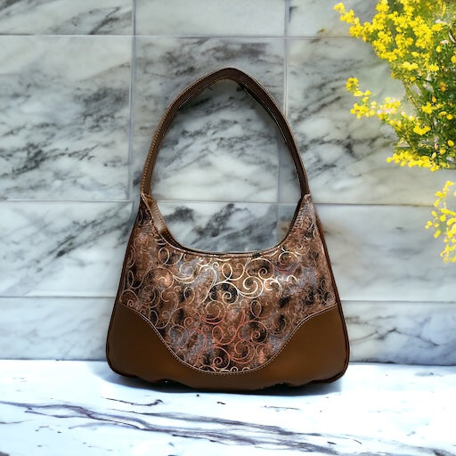 The Filipa Bag in Brown Vinyl and Cotton Gold Swirly Fabric